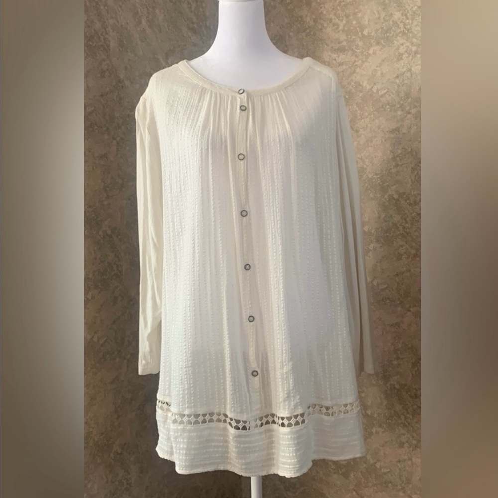 Lucky Brand Women’s Tunic Size 3X Ivory Crochet Trim Relaxed Blouse Prairie
